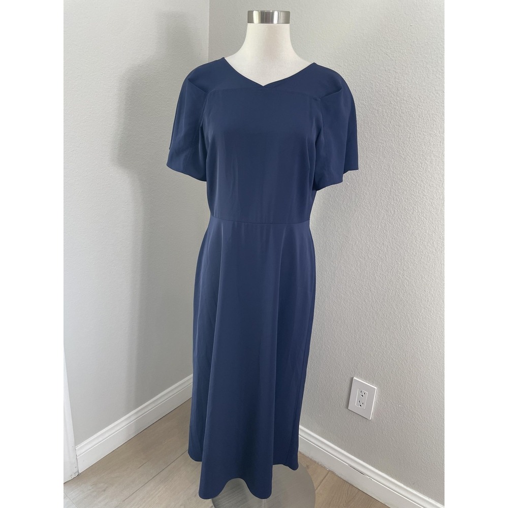 LUXELY Dress Womens 8 Blue Solid V Neck Flutter Sleeve A Line Midi Workwear